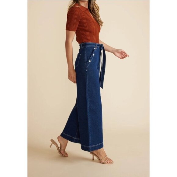 Mink Pink Australian, Wide Leg Jeans, tie belt, dark blue, 29.5 inseam - Picture 3 of 9